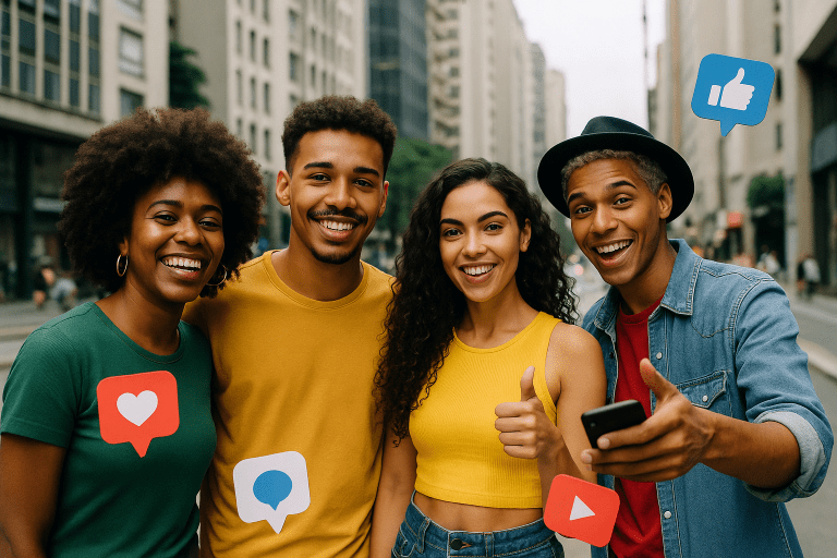 Editorial illustration of Brazilian influencers across urban scenes with social media icons