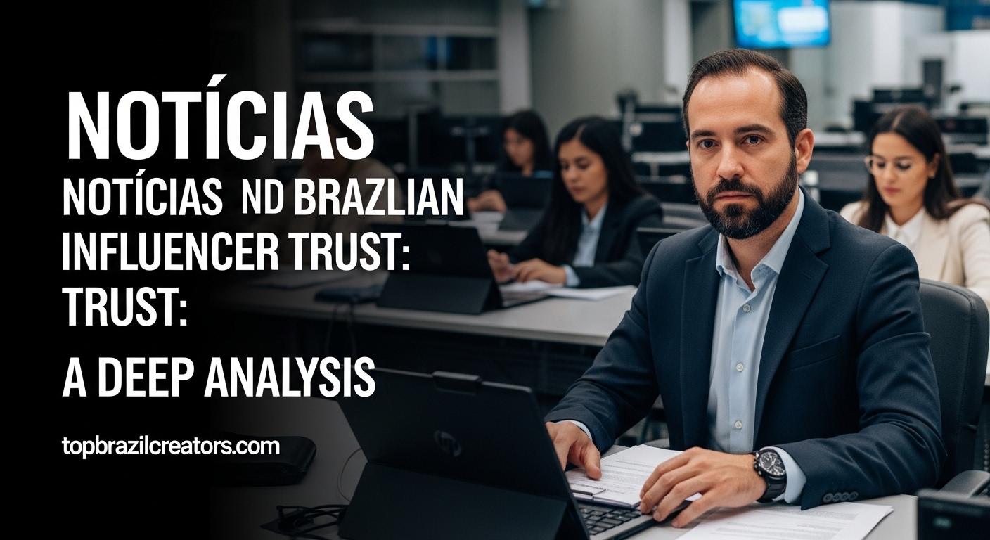 Brazilian influencer analyzing notícias and engagement metrics in a studio setting.