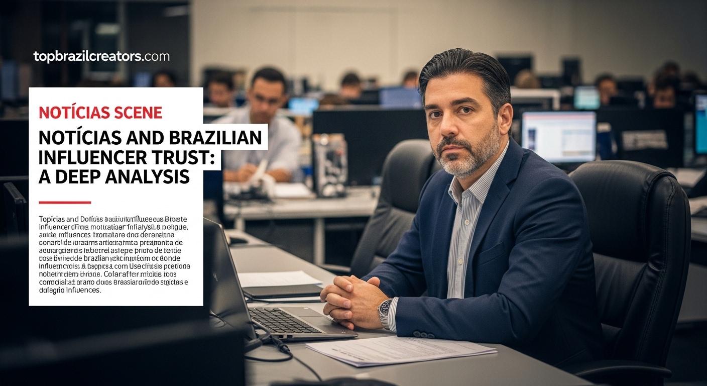 Brazilian influencer analyzing notícias and engagement metrics in a studio setting.