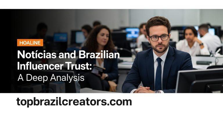 Brazilian influencer analyzing notícias and engagement metrics in a studio setting.