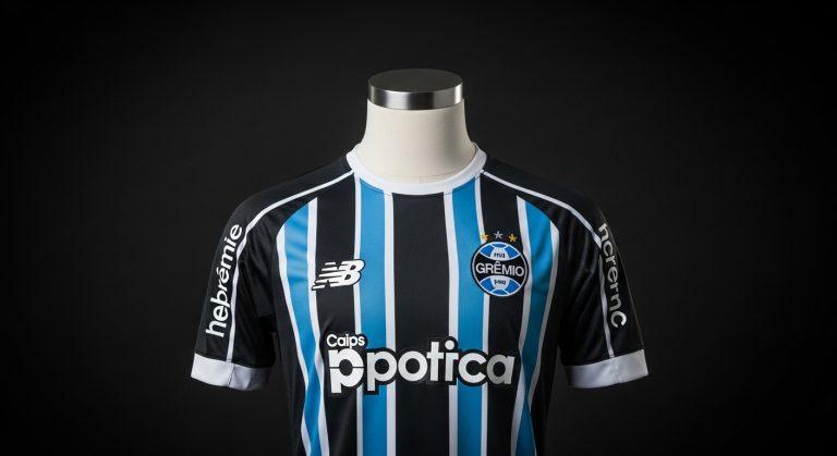 Grêmio 2026 New Balance jersey on display in studio
